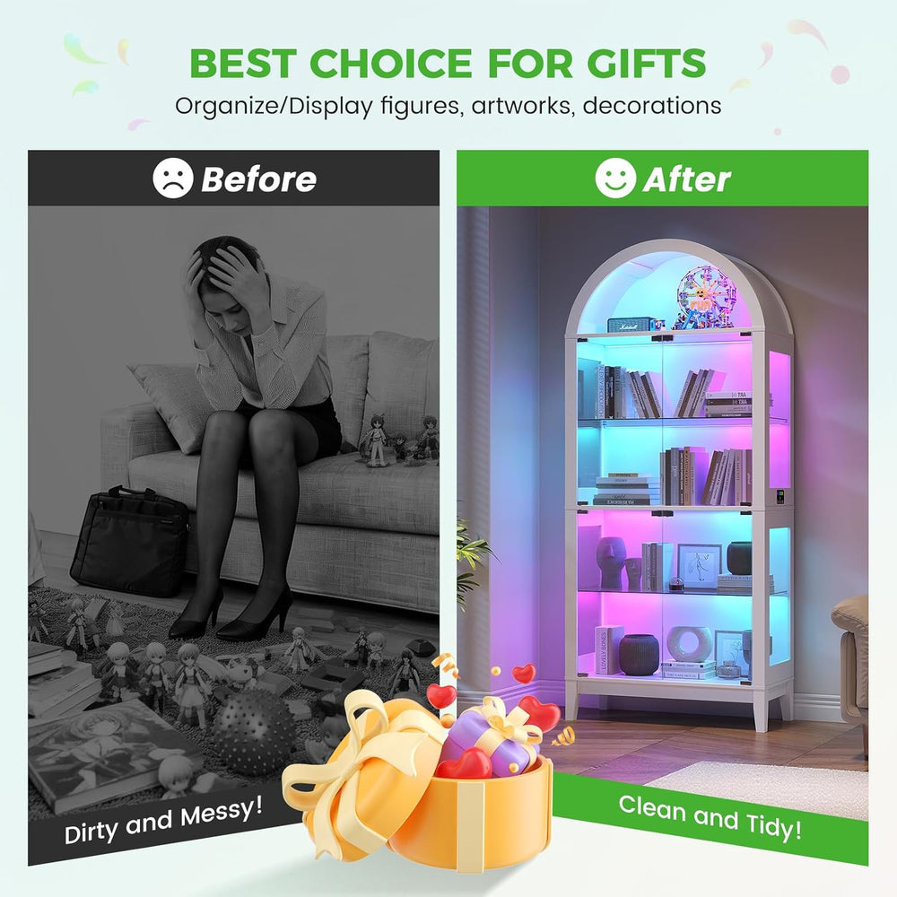 HNEBC Arched Display Case with RGB Lights, 69" Tall 5-Tier Tempered Glas...