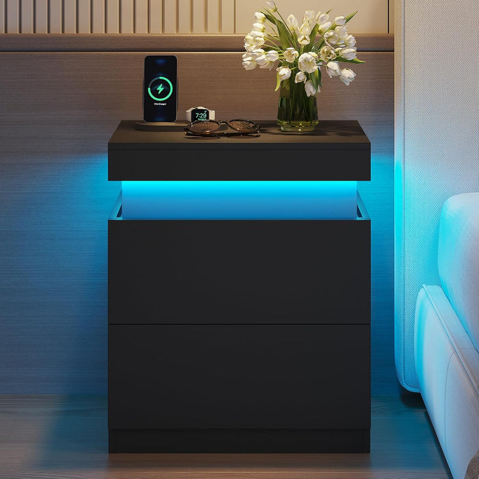 ADORNEVE Small Nightstand with Charging Station and LED Lights,Black