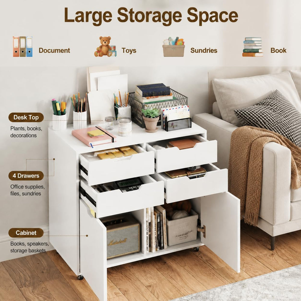 POWERSTONE Mobile File Cabinet with 4 Drawers & 2 Door, Rolling Under Des...