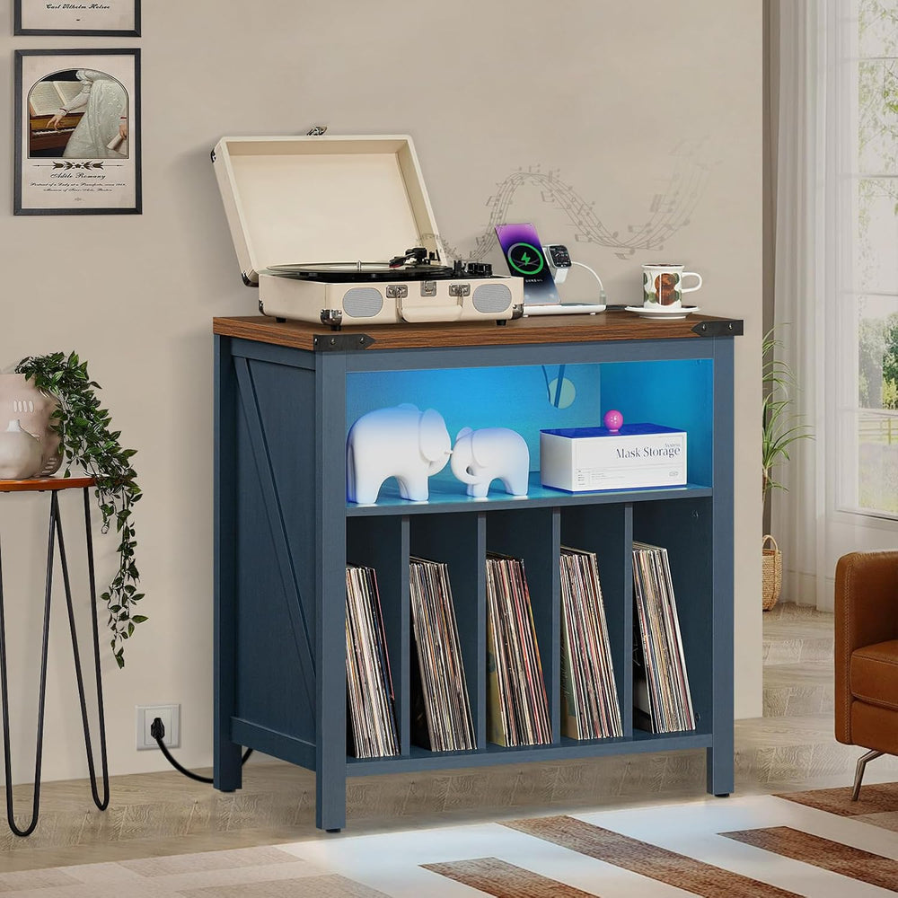 Joaxswe Large Record Player Table with Charging Station & LED Lights, Blu...