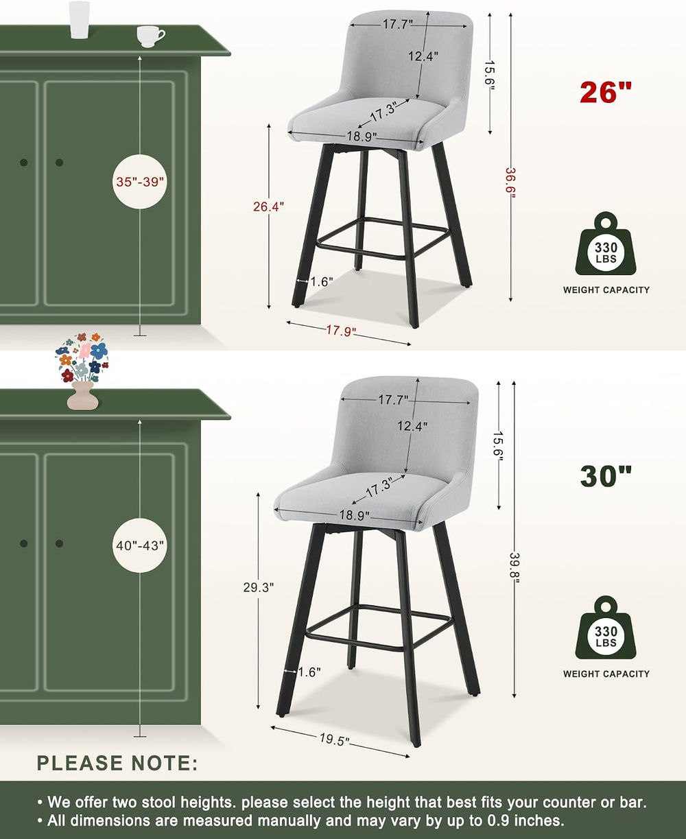 SAECKBERG Swivel Bar Stools Set of 3, 26''H Upholstered Barstools wit...