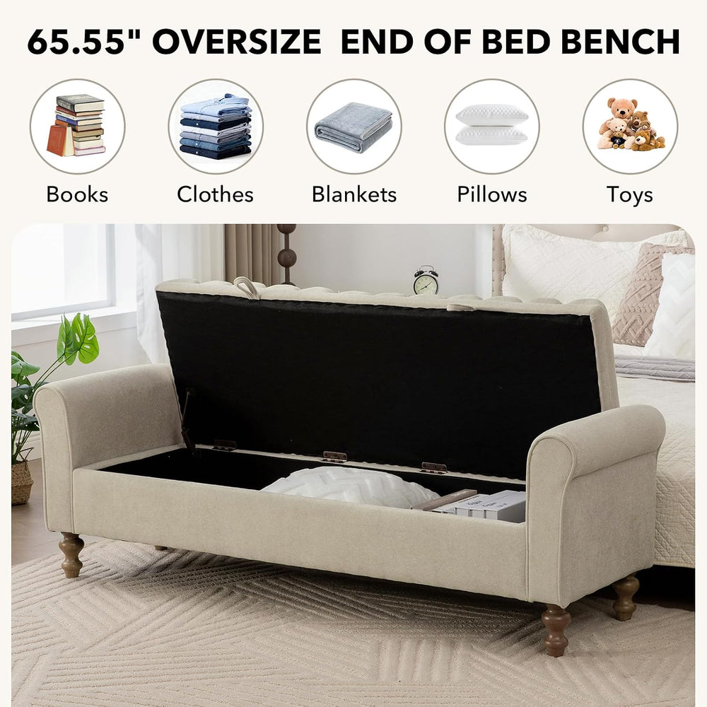 65" Oversize Storage Ottoman Bench, Fleece Upholstered End of Bed Benche...