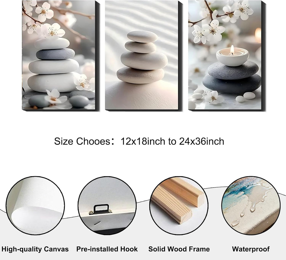 3 Panel Framed Canvas Wall Art - Calming Zen Wall Decor, Neutral-Tone Stone &...
