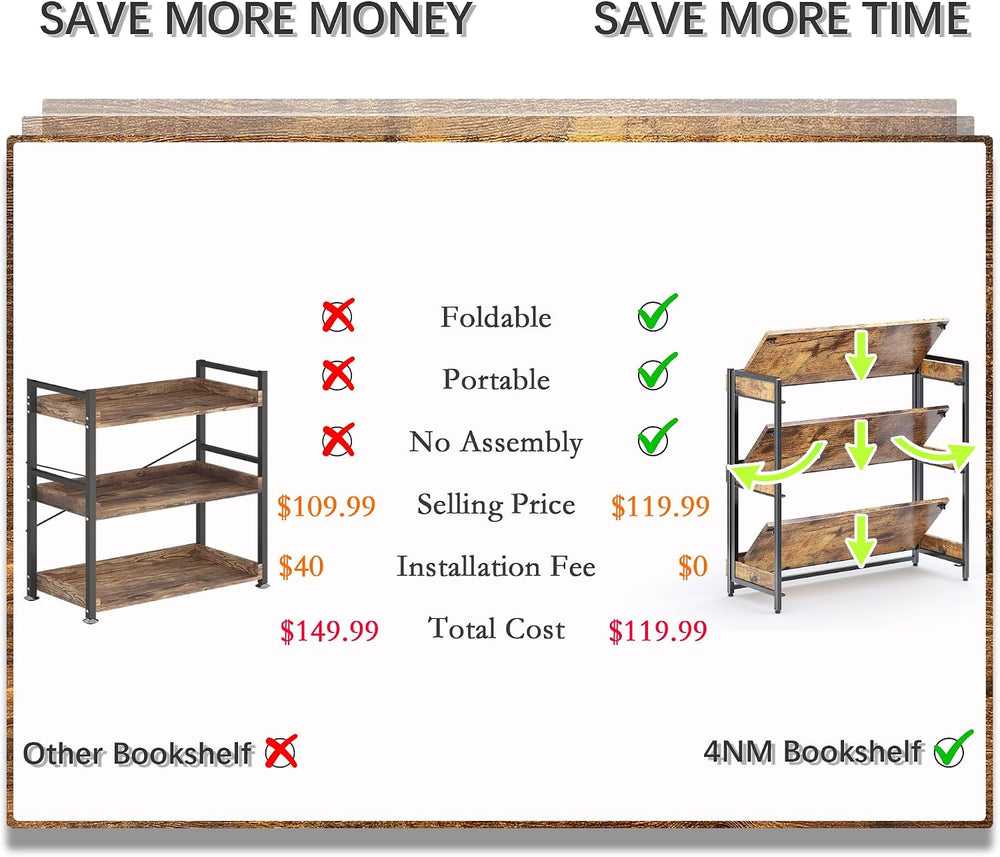 Wide 3 Tier No Assembly Folding Bookshelf Foldable Open Shelf, Rustic Brown