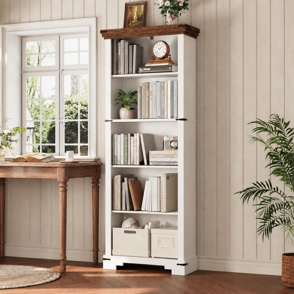 5-Tier Farmhouse Bookshelf, 61.1 inch Tall Bookcase with Storage & Unique...