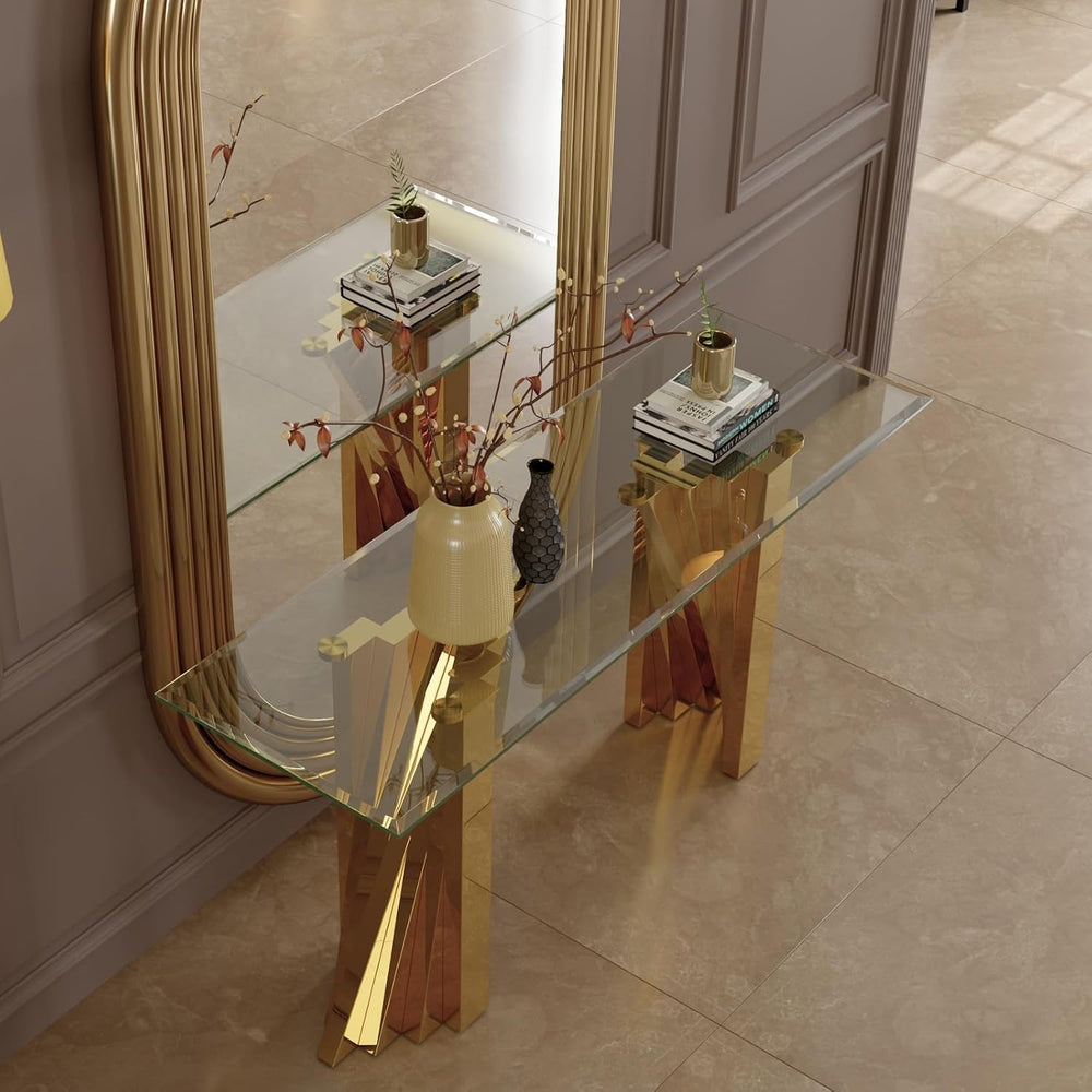 60" Gold Console Table, Entryway Table with Clear Tempered Glass | Moder...