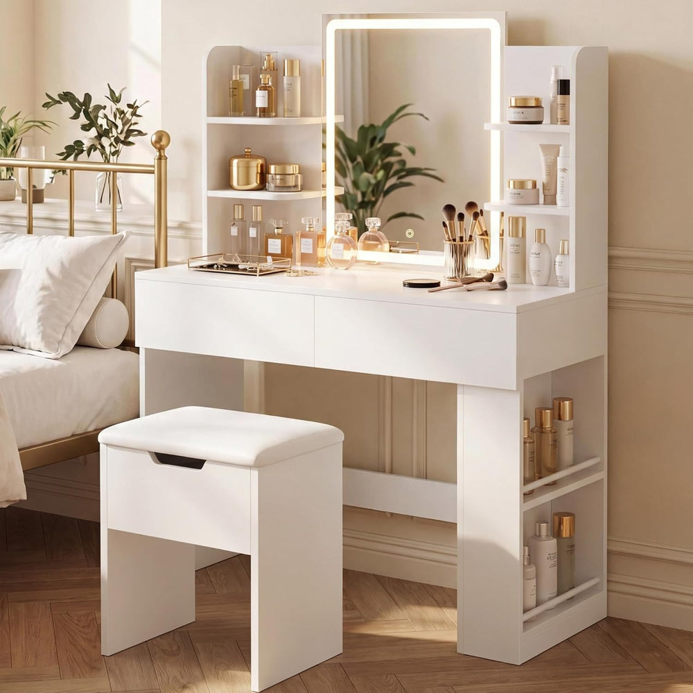 YESHOMY 35.4 Inch Vanity Desk Set with LED Mirror and Lights, Modern White | ...