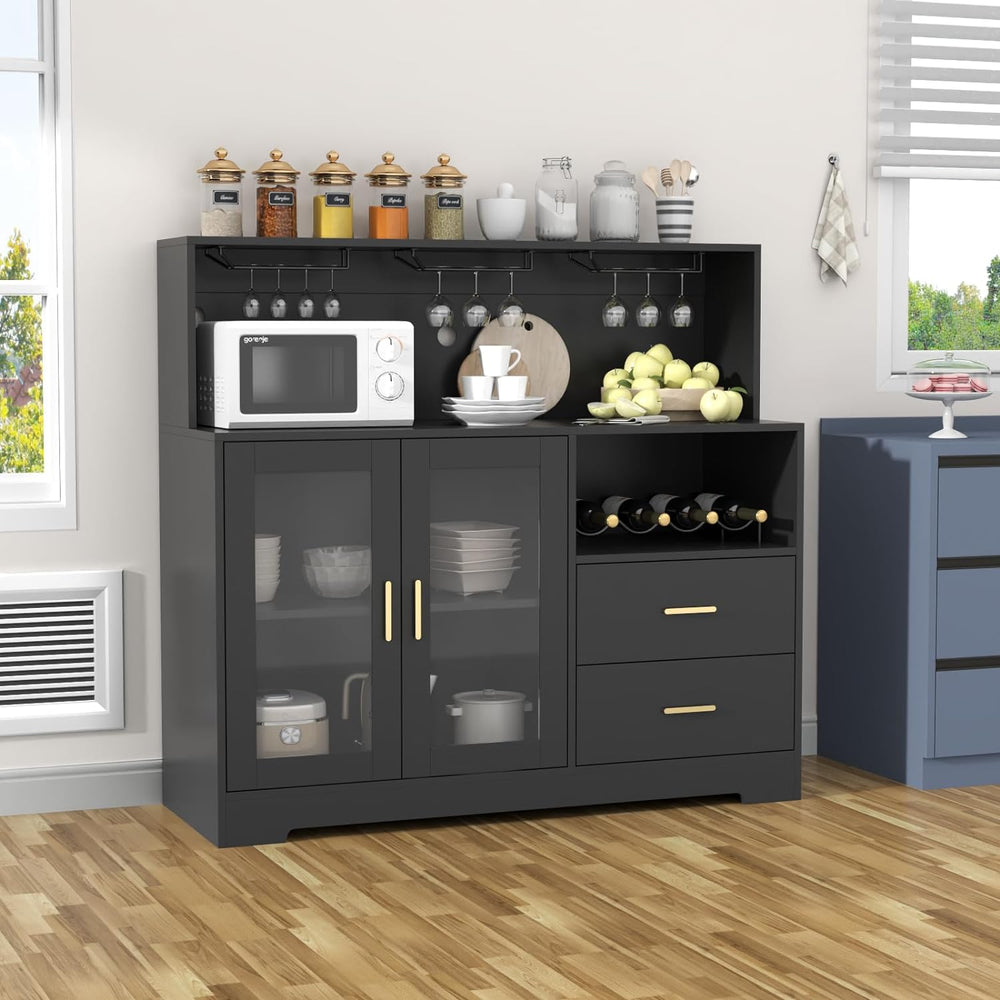 Bar Cabinet for Home with LED Light,Coffee Bar Cabinet w/ Wine & Glass Ra...