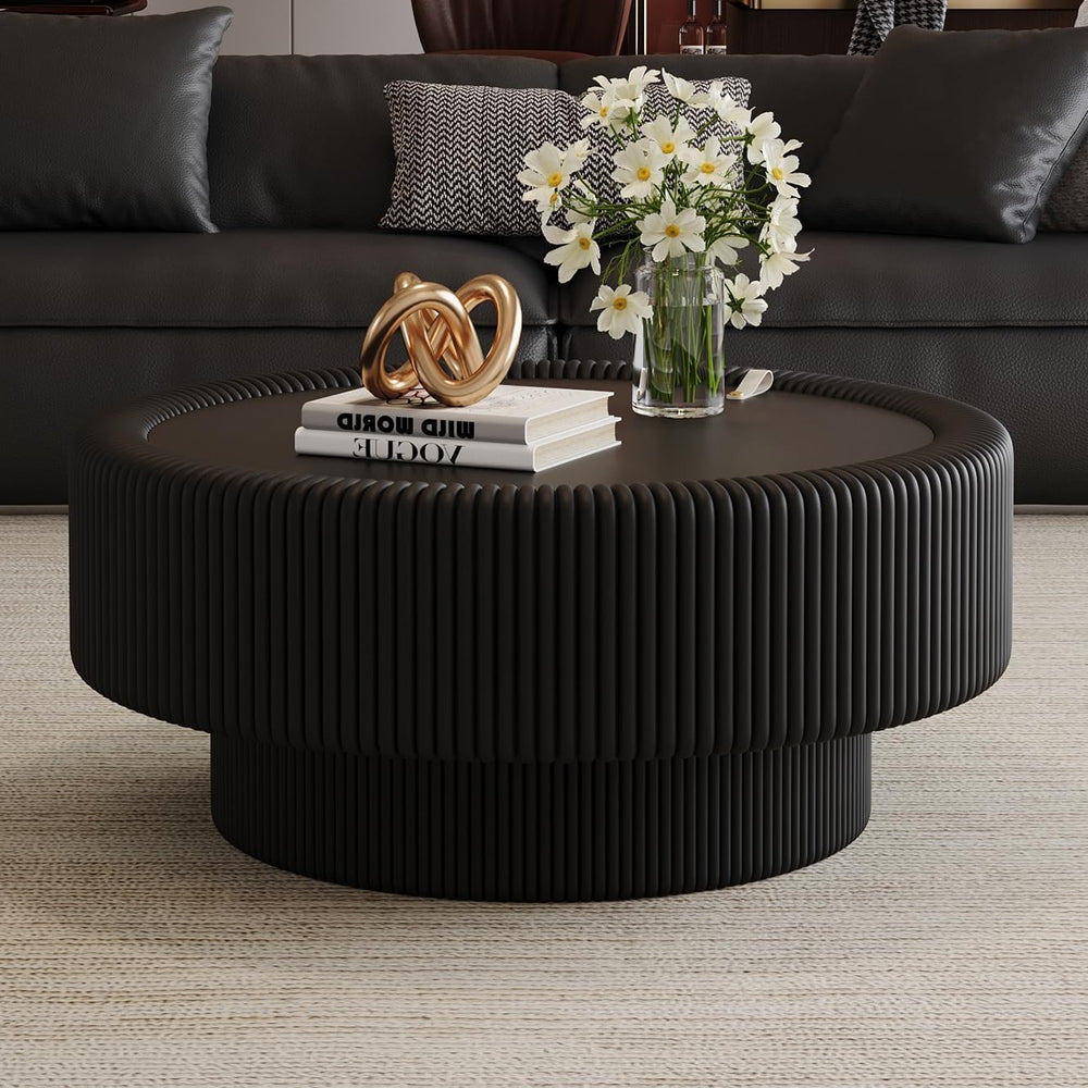 Round Coffee Table, Modern Black Coffee Table with Hidden Storage,Tempered Gl...