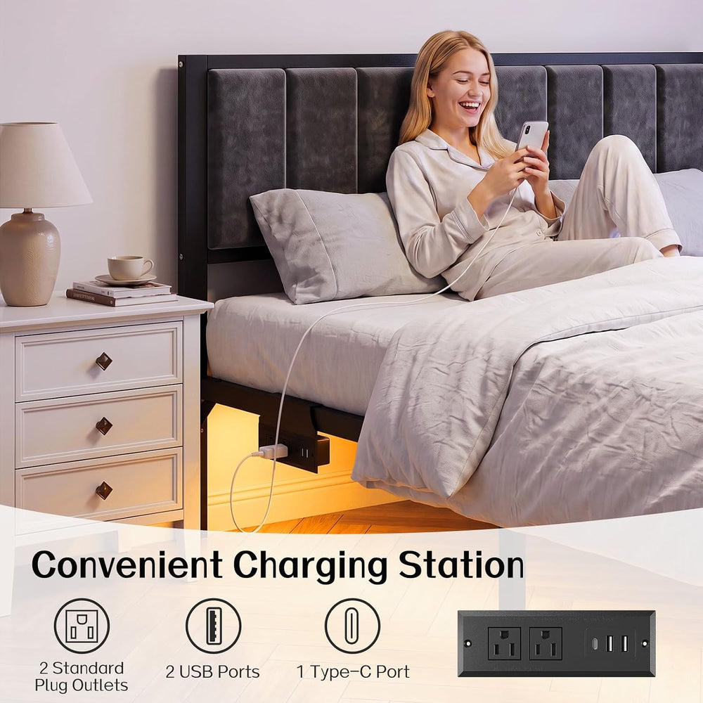 OLEVS King Bed Frame with 3 Drawers, Charging Station & RGB LED Lights