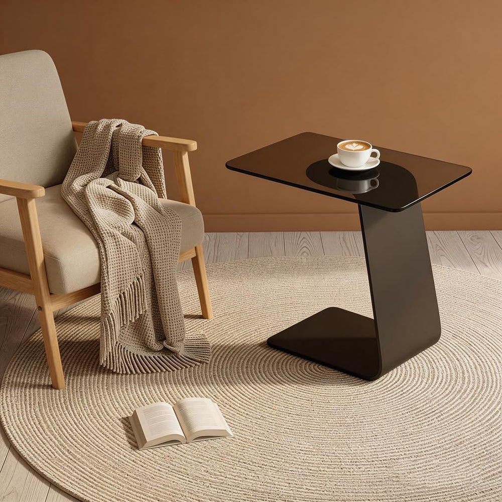 25.5-Inch High C-Shaped End Table with Tempered Glass Top & Black Metal F...
