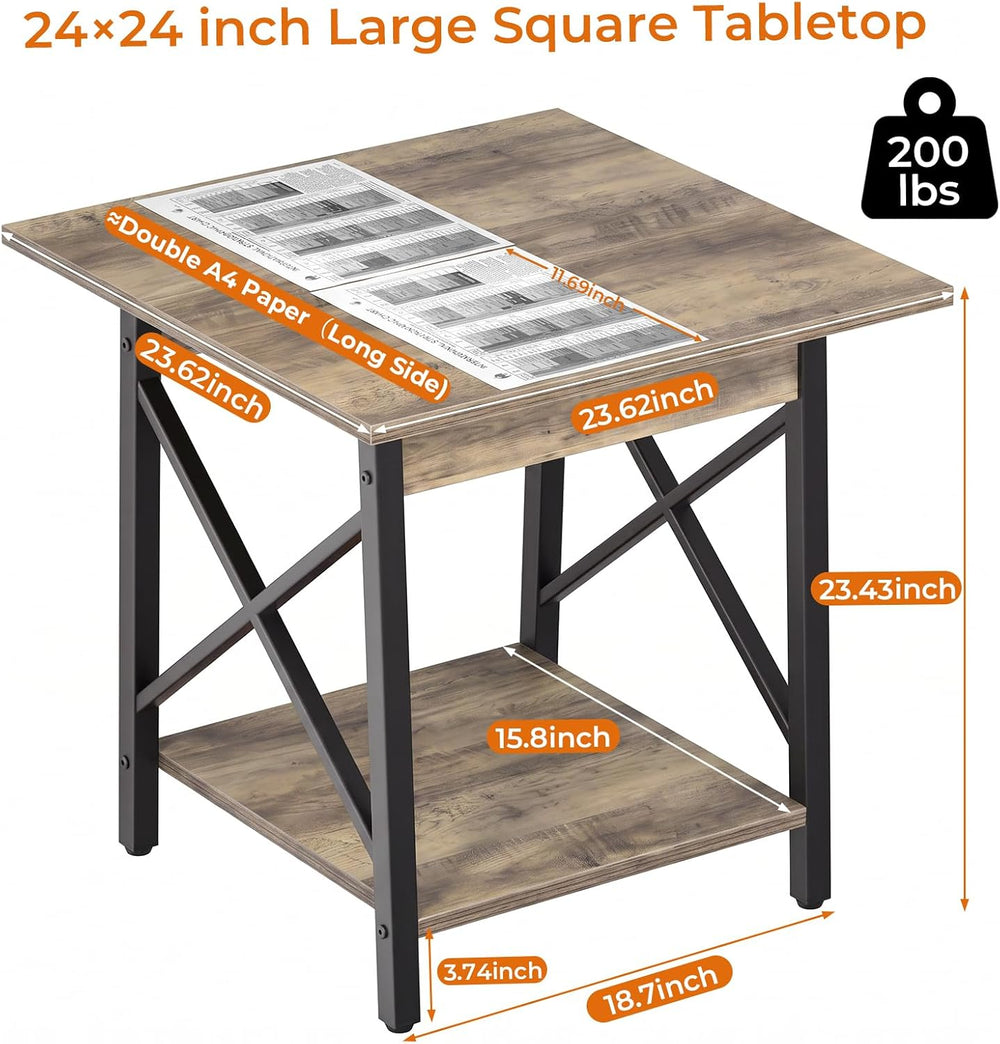 GreenForest 24 Inch Square End Table, X-Frame with Large 2-Tier Storage