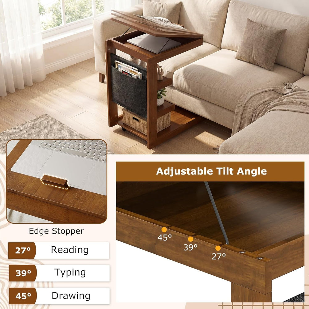 Byroce C Shaped End Table, Rolling Side Table with Adjustable Desktop, 4 Lock...