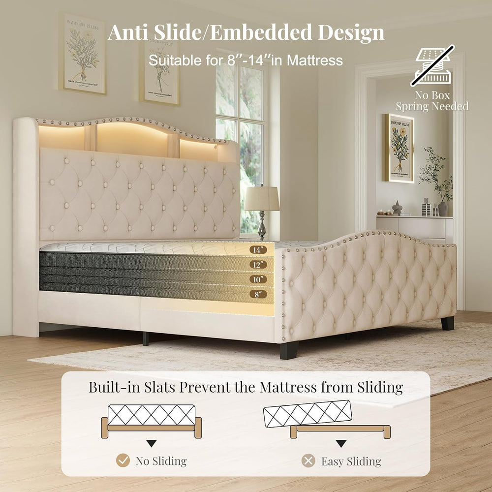 Belffin Queen Size Platform Bed Frame with 50.9" LED Headboard, Beige