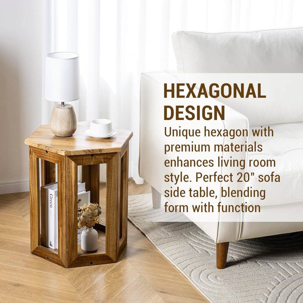 MyGift Hexagon Acacia Wood End Table with Shelf – 20-Inch Tall Small Side Tab...