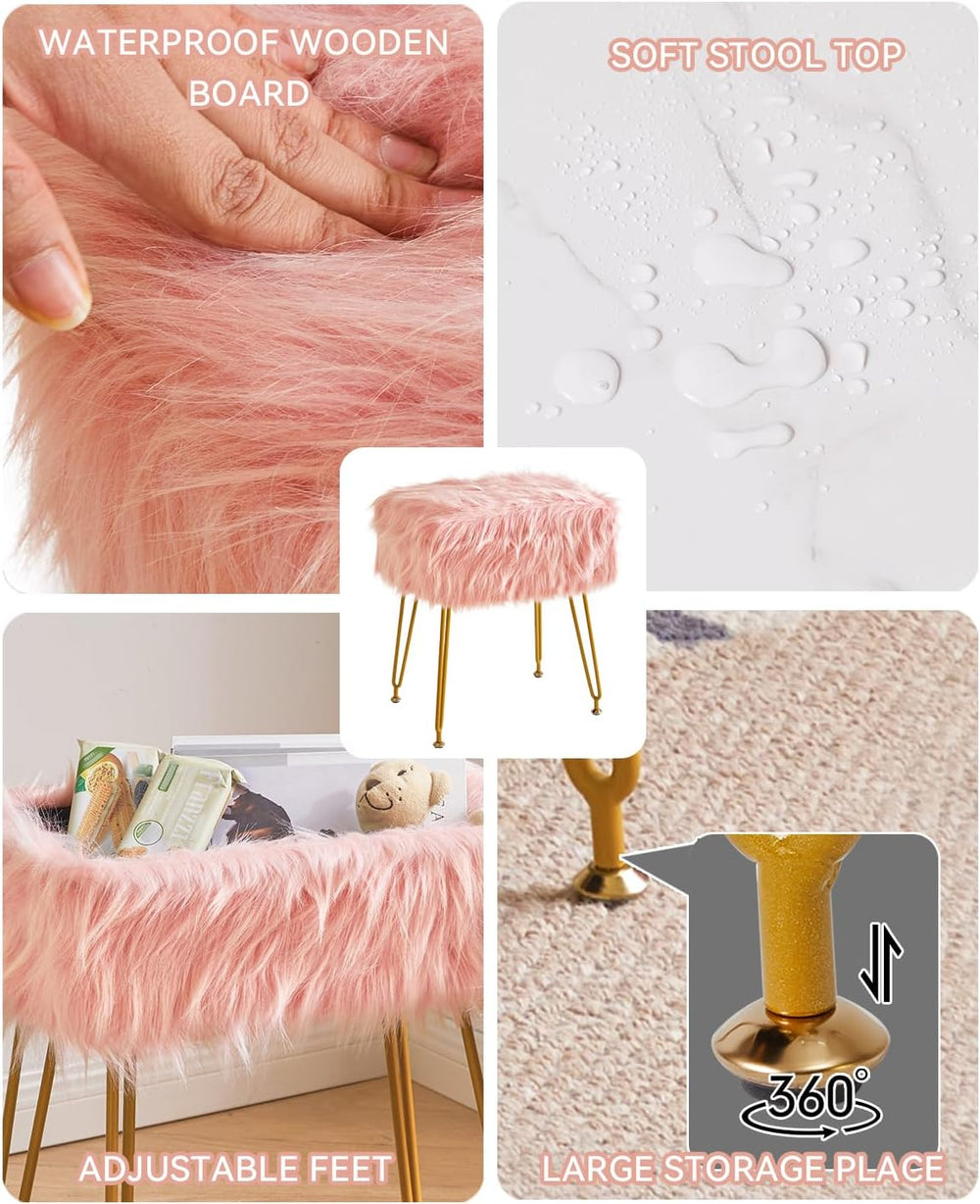 IBUYKE Rectangular Faux Fur Vanity Stool with Storage, Pink WBD022P | Furry M...