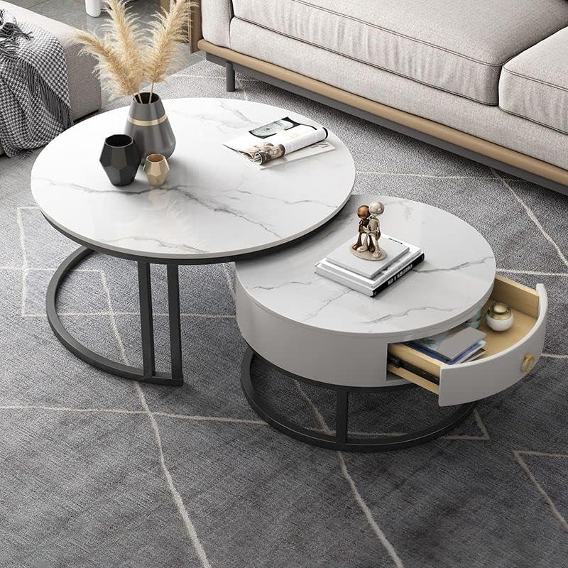 Coffee Table Set, Contemporary Round Nesting Table Side Table End Table Stone...