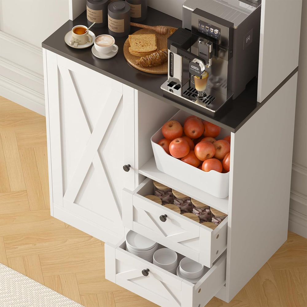 71" Tall Coffee Bar Cabinet with Storage Hutch, Farmhouse Kitchen Pantry...