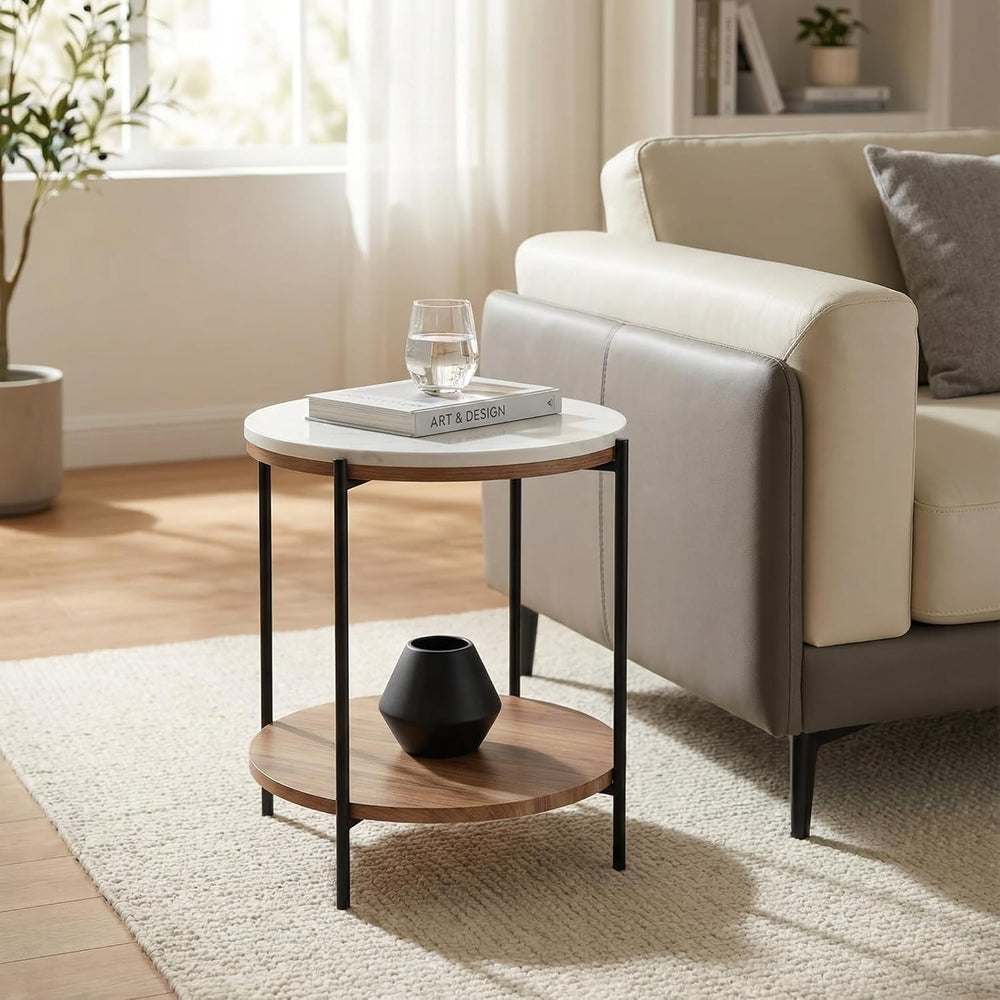 Lyra Round Marble End Table – Solid Acacia Wood Shelf, Open Storage Side Tabl...