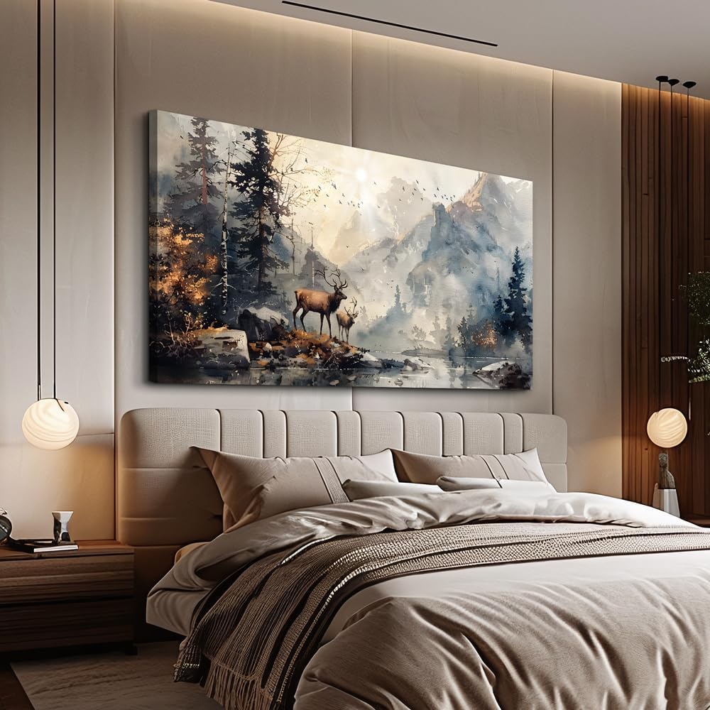 FUHAIHUA Canvas Wall Art for Living Room, Mountain Forest Deer Landscape 20x4...