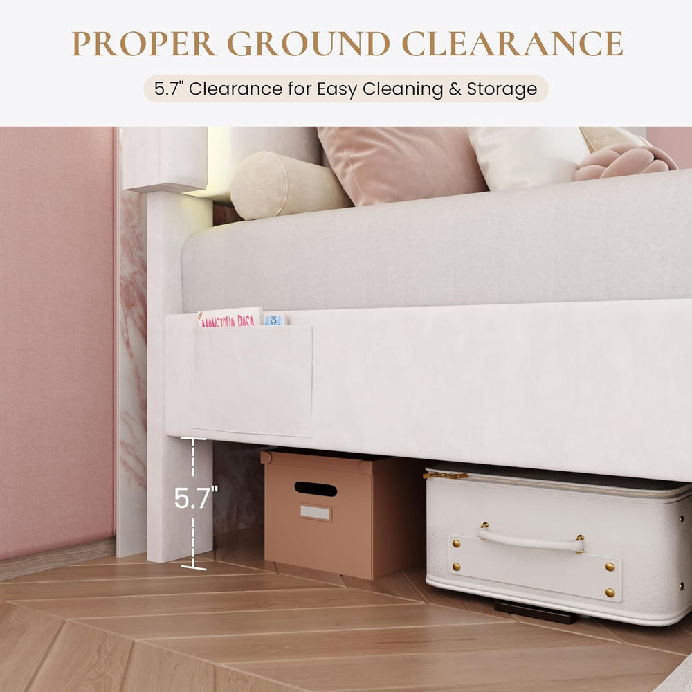 SHA CERLIN Full Size Bed Frame with LED Lights and Storage Drawer, White
