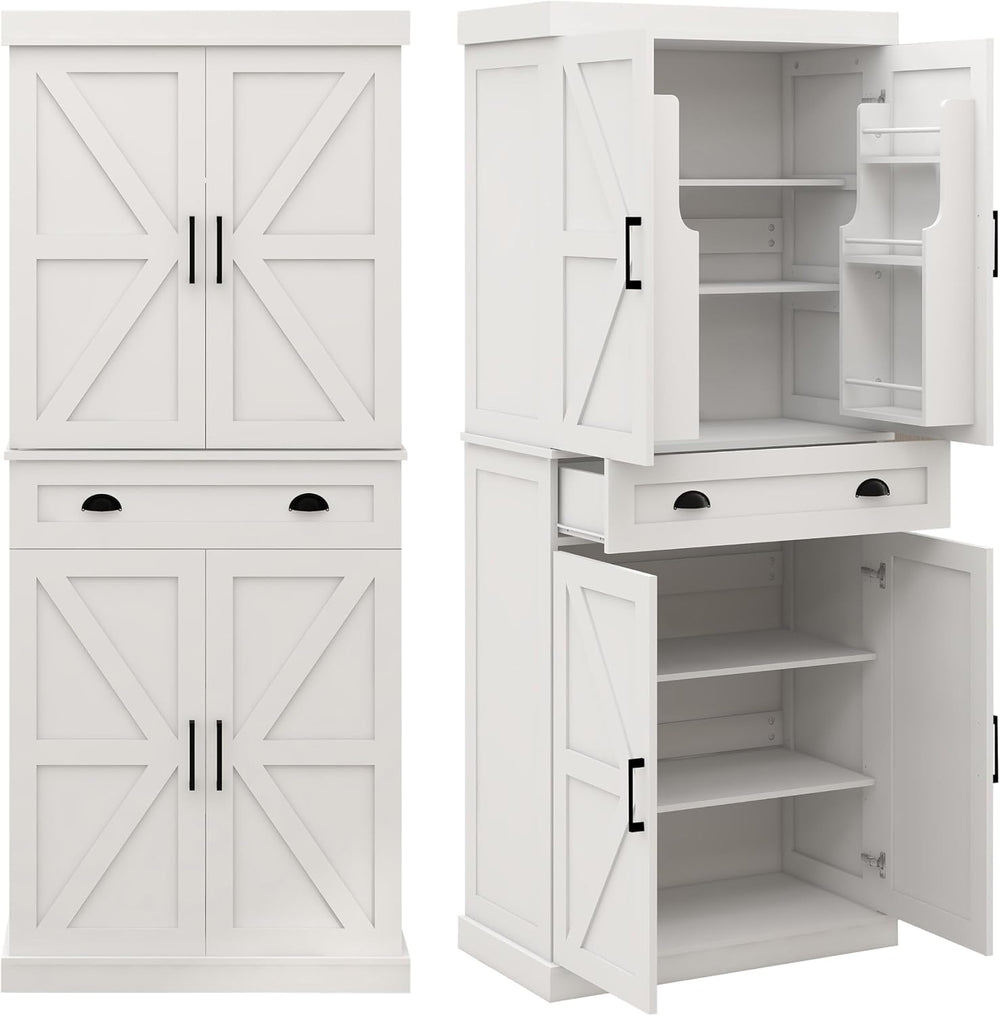 72" Farmhouse Storage Cabinet,Tall Kitchen Pantry Cabinet with 4 Barn Do...