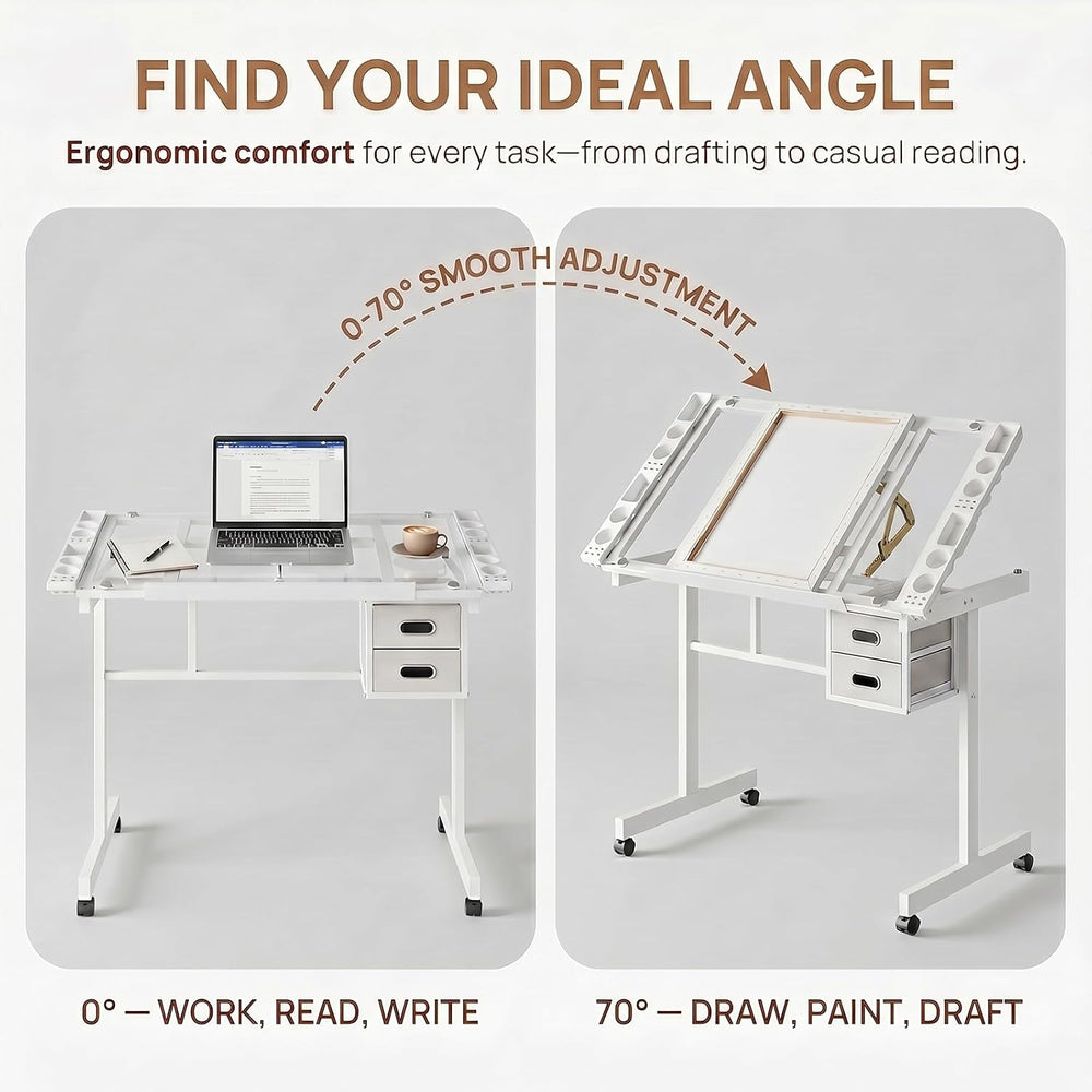 Adjustable Drawing Table for Adults, 0-70° Tilt Glass Top Artist Desk with 2 ...
