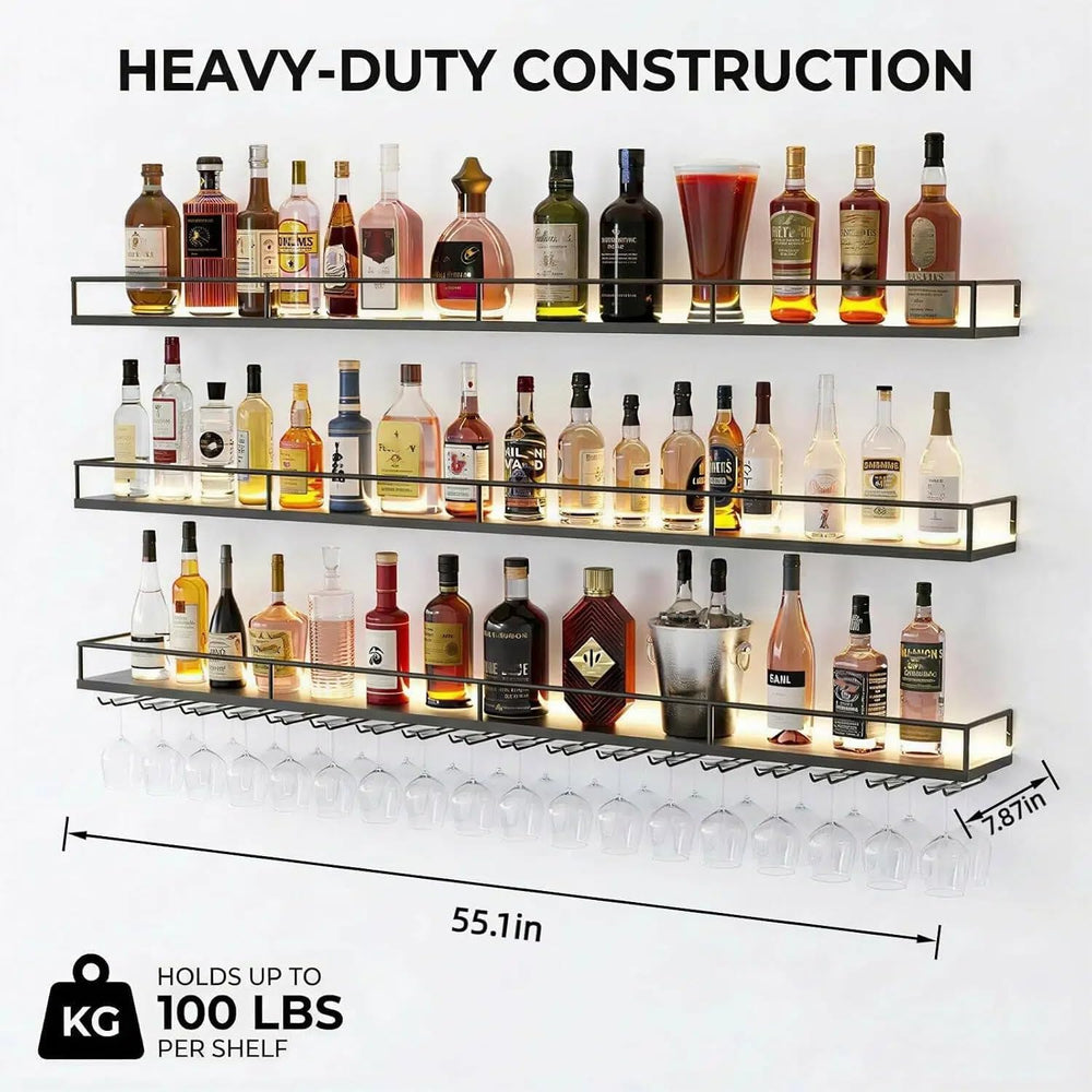55.1" Wall Mounted Wine Rack with Lights, 3-Tier Floating Bar Shelf | Ho...