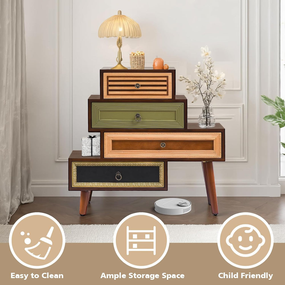 Ahokua Vintage Accent Chest with 4 Drawers, Asymmetrical Stacked Design, Mult...