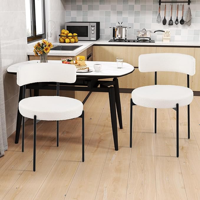 Giantex Boucle Dining Chairs Set of 2, Upholstered Round Kitchen Chair with C...
