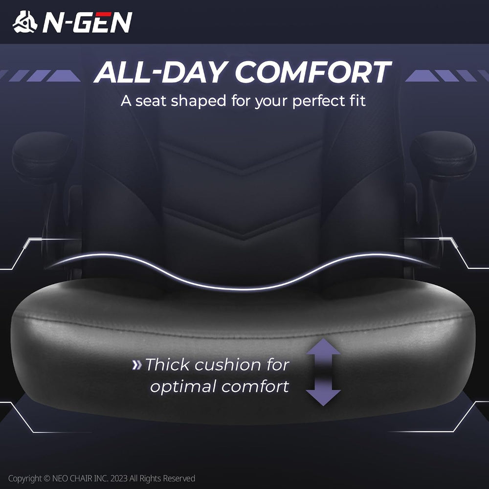 N-GEN Gaming Gaming Chair, Lumbar, PU Leather, Flip-Up Arms, Jet Black | Ergo...