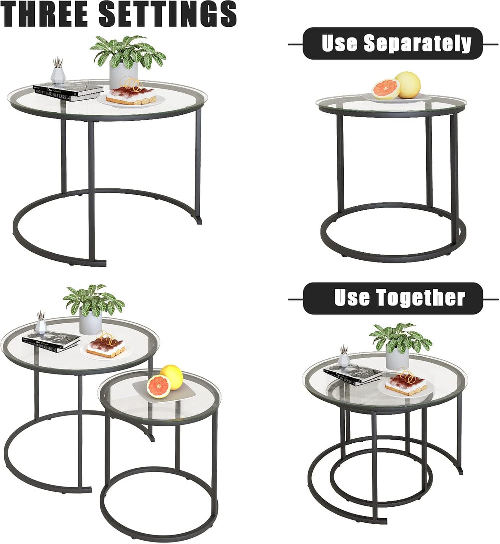 Nesting Coffee Table Set of 2,Modern Black Tempered Glass Side Table, Metal F...
