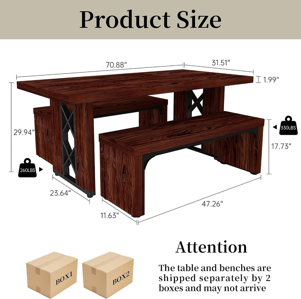 HIPIHOM 3-Piece Dining Table Set for 6 People, Walnut Table with 2 Benches | ...