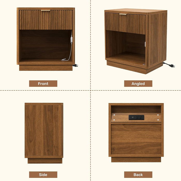 Miereirl Fluted Nightstand with Charging Station, Vintage Modern Night Stands Storage Cabinet Wooden Bedside Table with Metal Handle Drawers, Walnut Oak