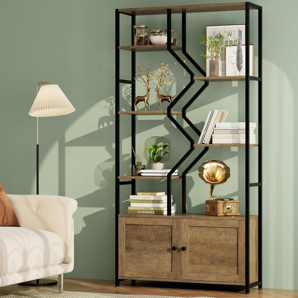 Keyluv 76" Tall Industrial Bookshelf with Storage Cabinet, Rustic Brown