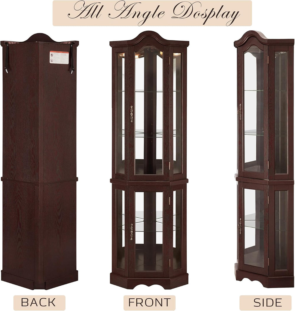 Lighted Corner Curio Cabinet 70.5" Tall Wooden China Cabinet with Temper...