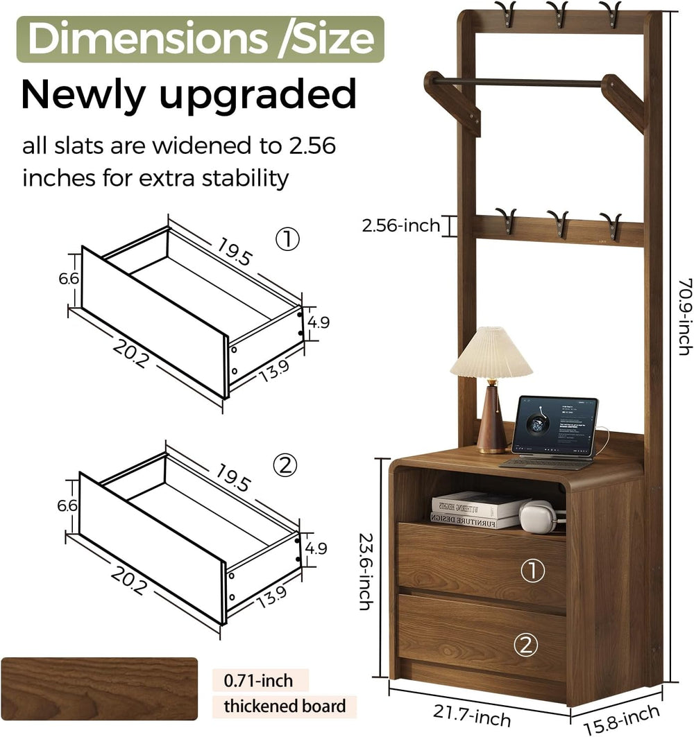 Messenya Mid Century Modern Bedroom Nightstand with Clothes Rack and Hooks | ...