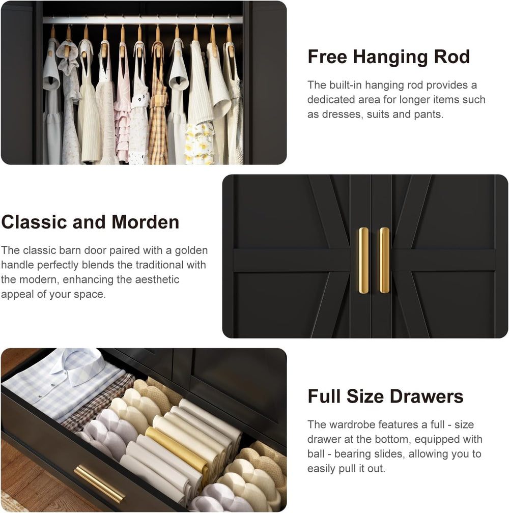 COFaR 71 Farmhouse Metal Wardrobe Closet with Hanging Rod, 2 Barn Doors, Adju...