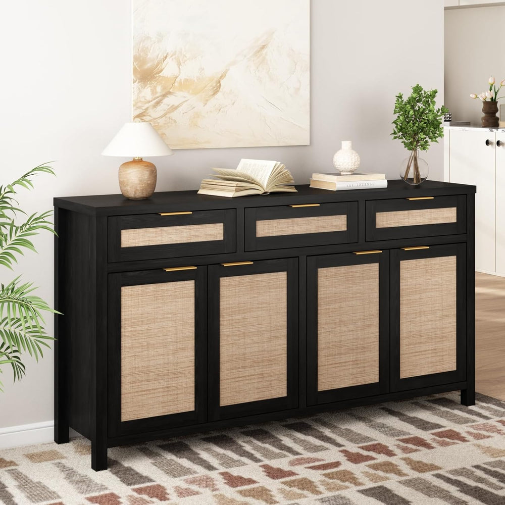 HOKYHOKY Rattan Sideboard Buffet Cabinet, Boho Storage Cabinet with Adjustabl...