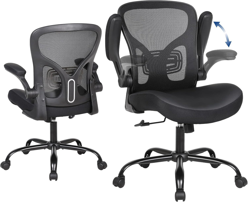 Ergonomic Office Chair, Flip-up Armrest, Mesh Back PU Leather Seat | Black Co...