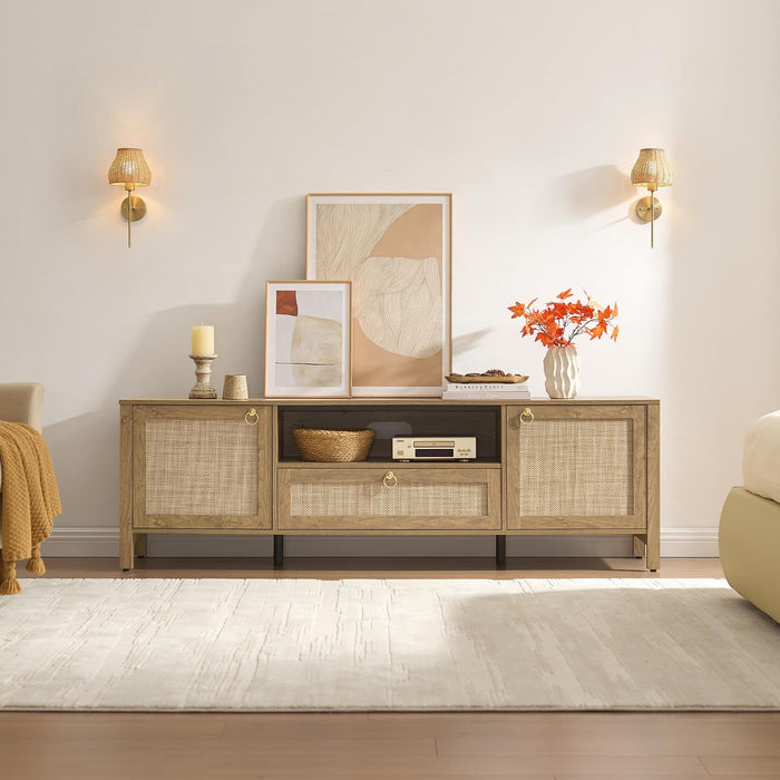SICOTAS 69" Rattan TV Stand with Storage for Living Room