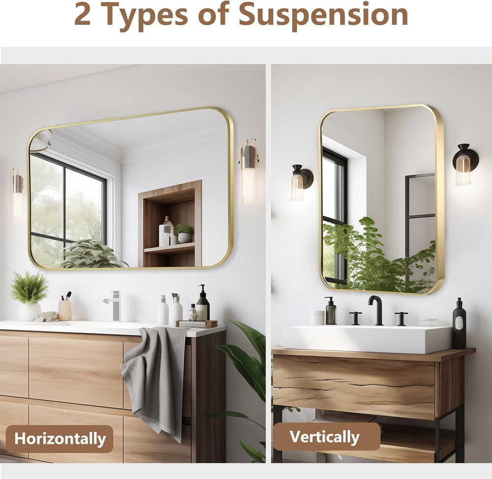 22x30 Inch Gold Bathroom Mirror, Brushed Brass Gold Metal Framed Rectangular ...
