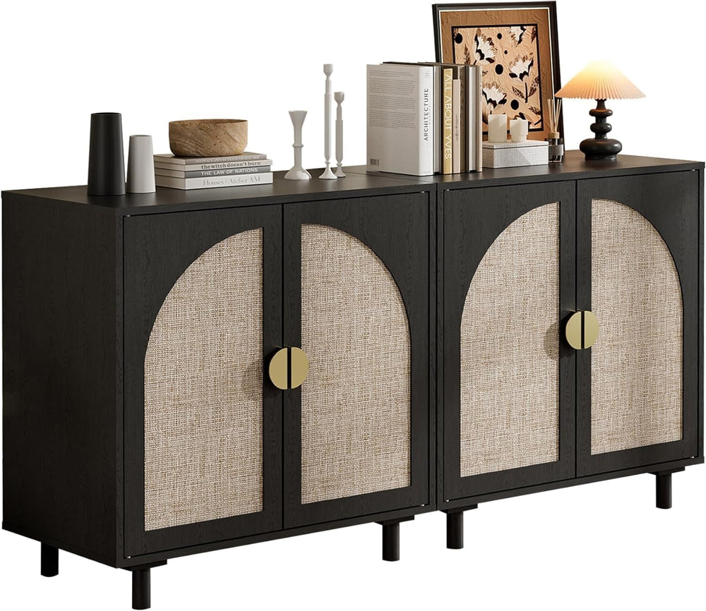 Modern Rattan Storage Sideboard Cabinet, Black Wood Buffet with Magnetic Latc...