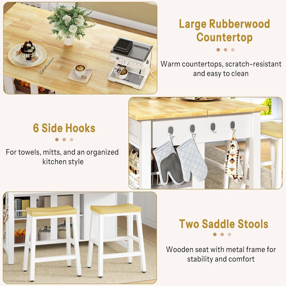 DynJest Kitchen Island with Storage and Seating Include 2 Bar Stools, White |...