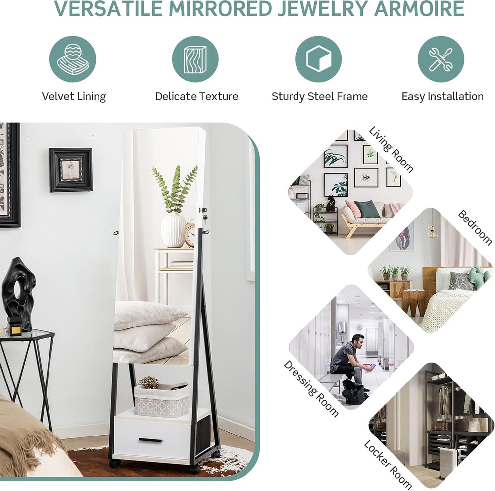 COSTWAY Mirror Jewelry Cabinet with Wheels, Standing Full-length Mirror with ...