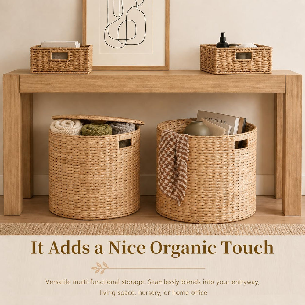 Round Water Hyacinth Storage Ottoman with Lid | Handwoven Water Hyacinth Foot...