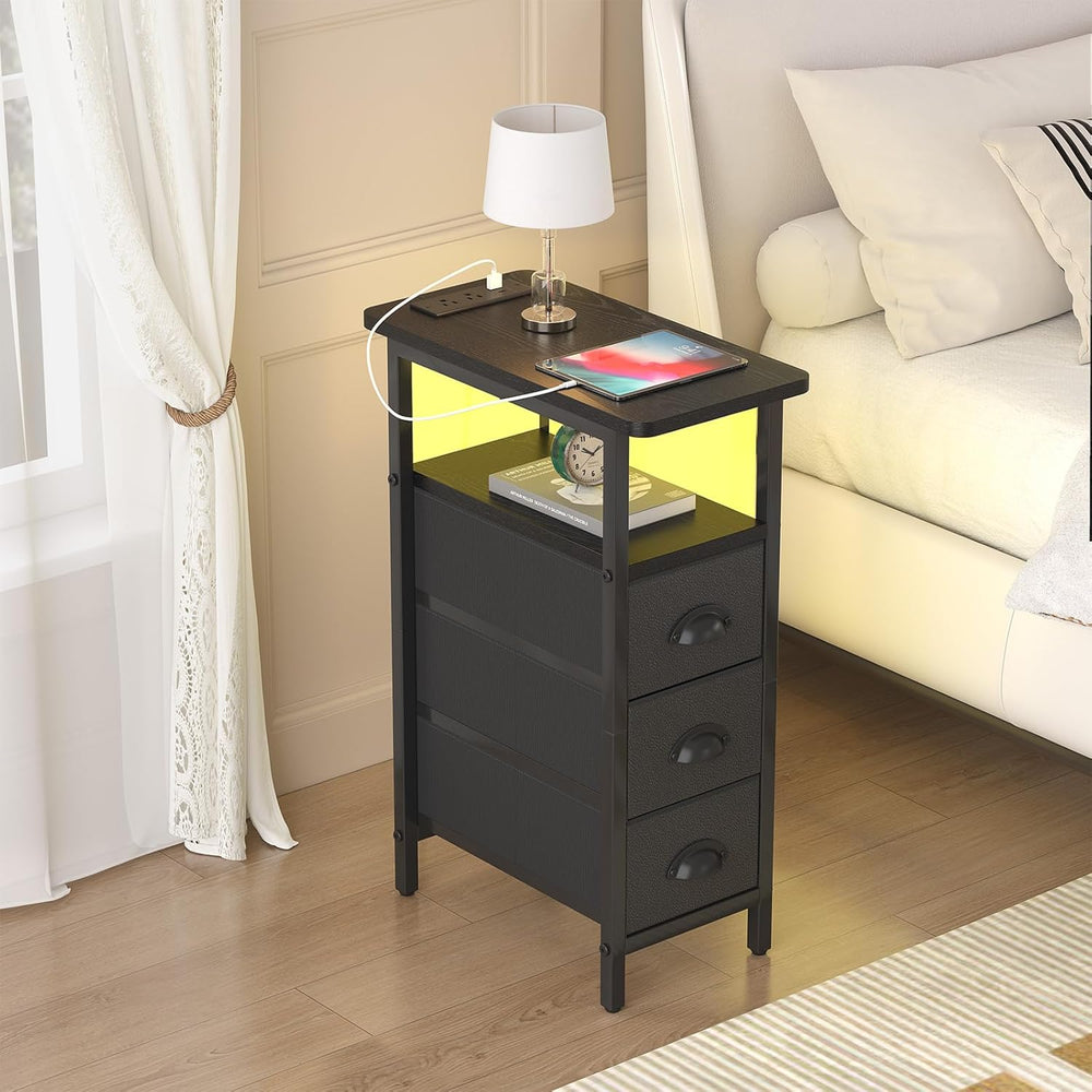 shtmec Narrow End Table Set of 2 with Charging Station, LED Side Tables Set 2...