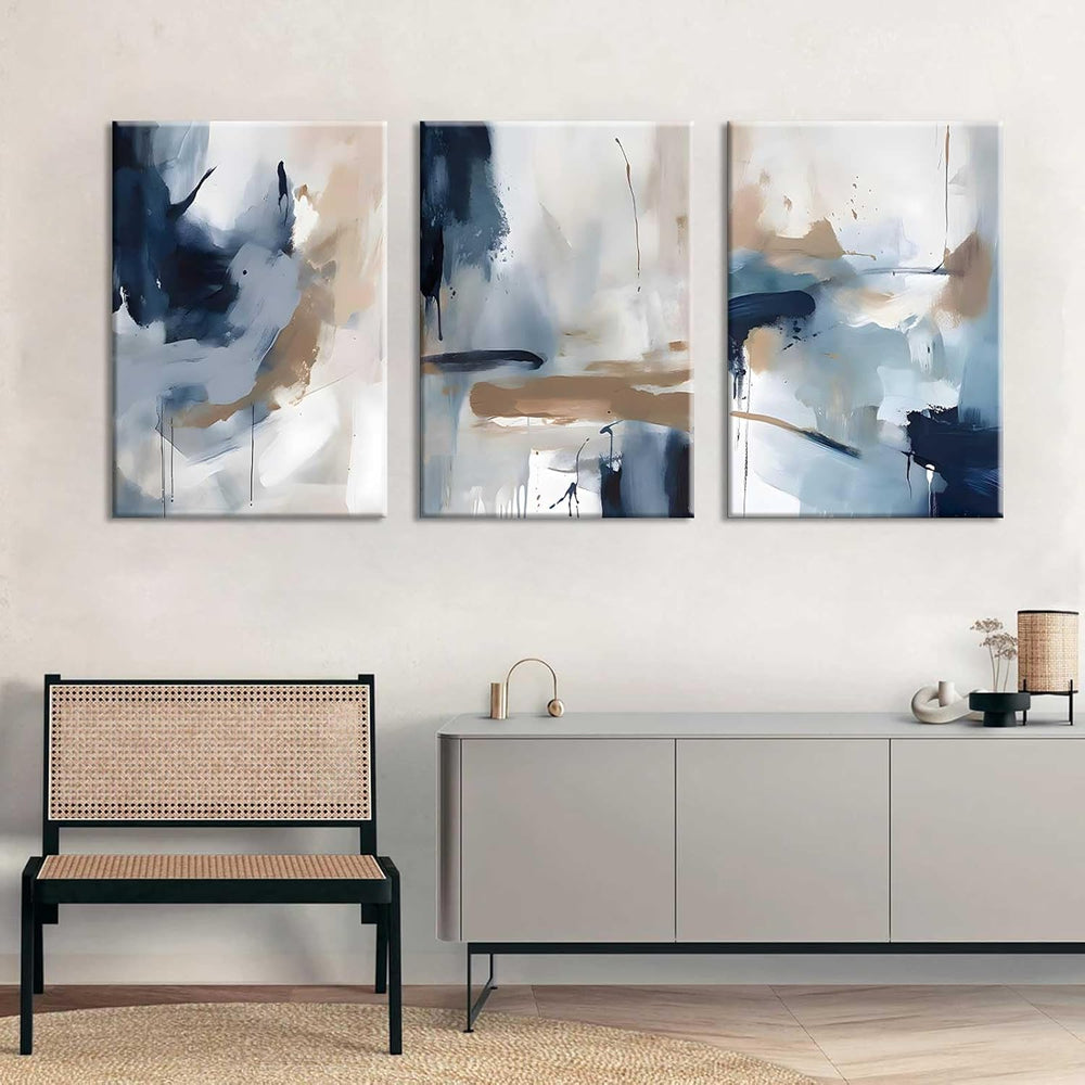 3Pcs Framed Navy Blue Wall Art Abstract Modern Brown Watercolor Canvas Poster...
