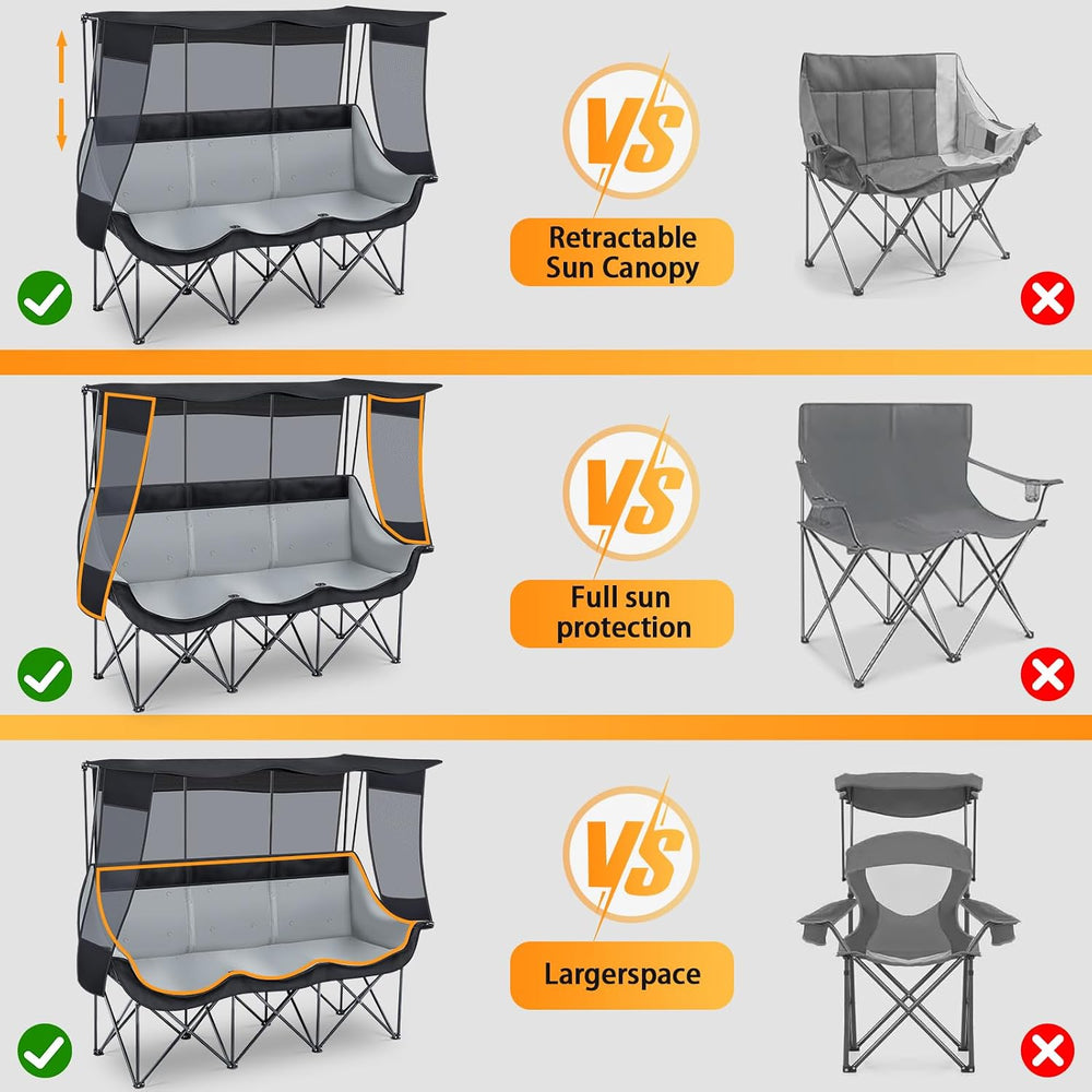 Teenyyou 3 Person Camping Chair with Canopy, 700lbs Heavy Duty, Black