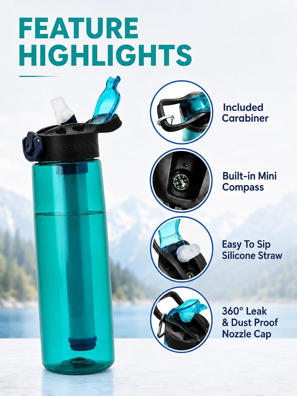 22oz Water Filter Bottle, Portable Outdoor Filtered Water Bottle with Multi-L...